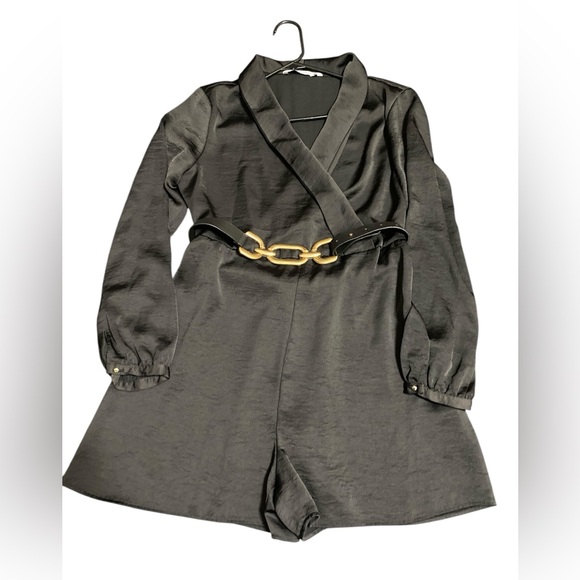 Zara Satin Chic Black Long Sleeve Romper with Gold Chain Belt - Picture 3 of 3